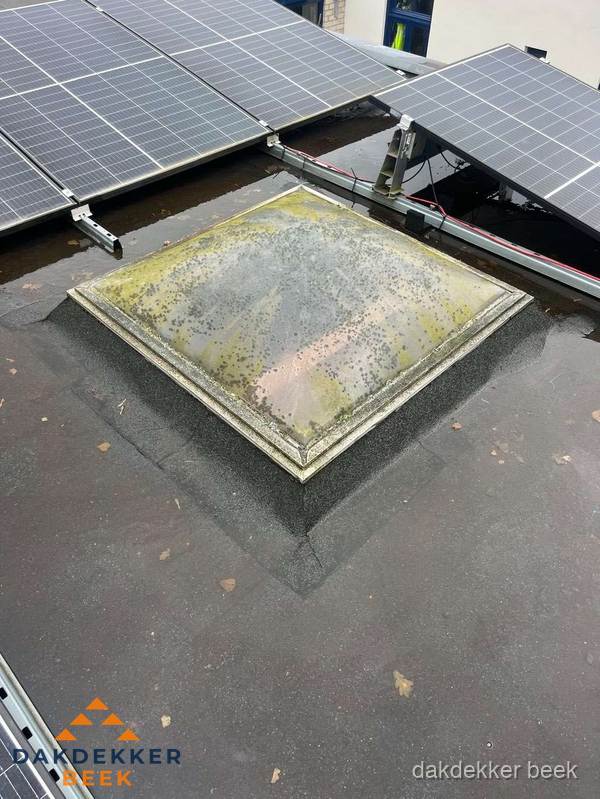Vervuilde lichtkoepel op plat dak met zonnepanelen in Beek Vervuilde lichtkoepel op plat dak met zonnepanelen in Beek