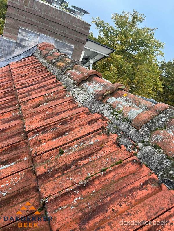 Verweerd hellend dak met mosgroei op nokvorst in Beek Verweerd hellend dak met mosgroei op nokvorst in Beek
